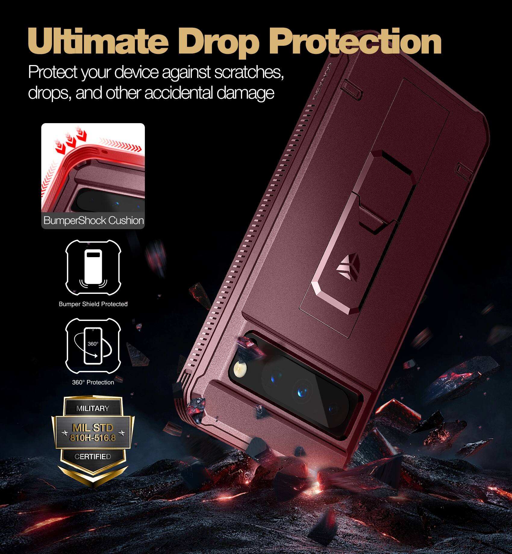 Ultimate Drop Protection  
Protect your device against scratches, drops, and other accidental damage  

- BumperShock Cushion  
- Bumper Shield Protected  
- 360° Protection  
- MILITARY  
  MIL STD 810H-516.8 CERTIFIED