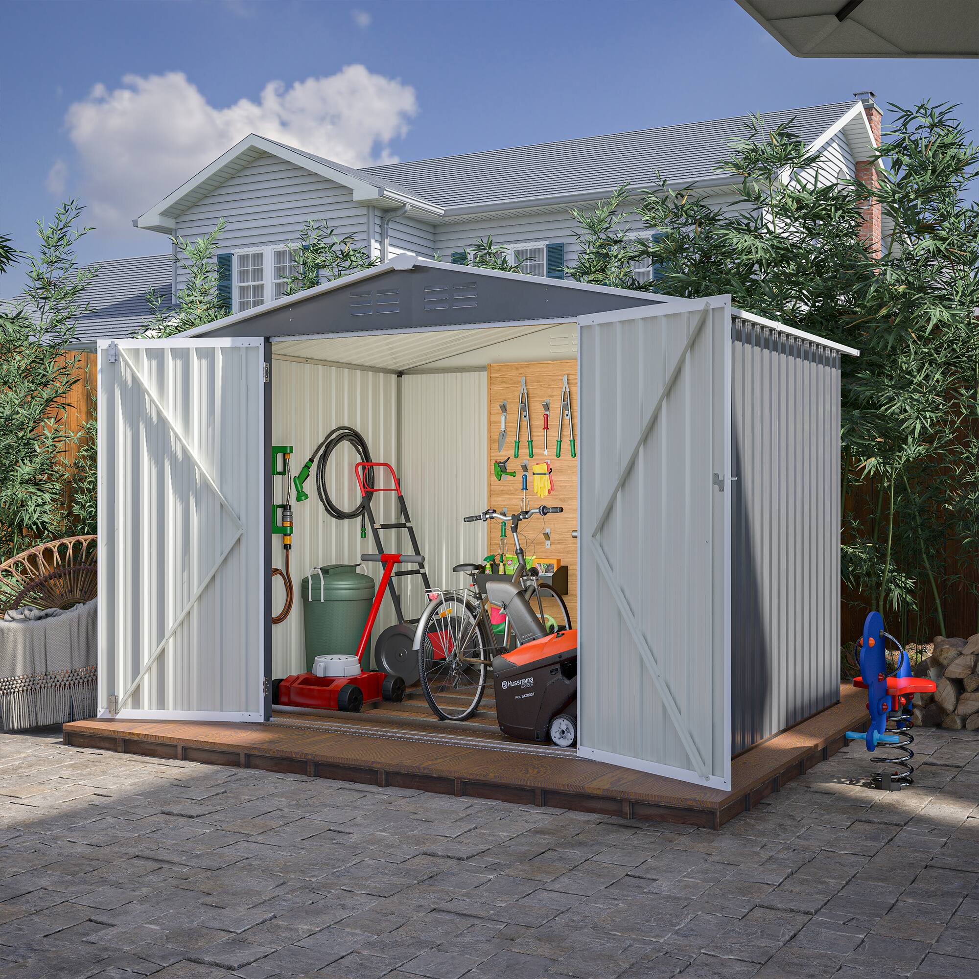 Left. Lirago - 8x6 FT Outdoor Storage Shed All-Weather Metal Shed with Lockable Doors - Gray.