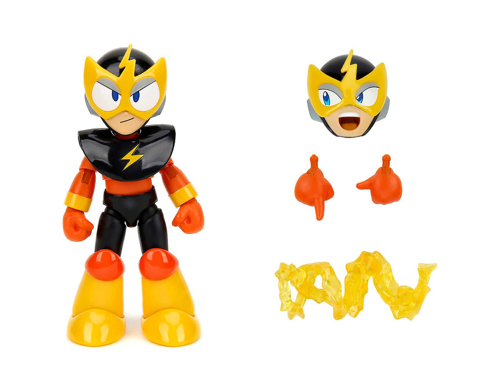 Angle. Jada - Elec Man 4.5" Moveable Figure with Accessories and Alternate Head and Hands "Mega Man" (1987) Video Game Model by Jada - Yellow with Black.