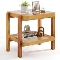 Costway - 1 PCS End Table with Tempered Glass Top Acacia Wood Legs Rattan Storage Shelf - Brown - Front_Zoom