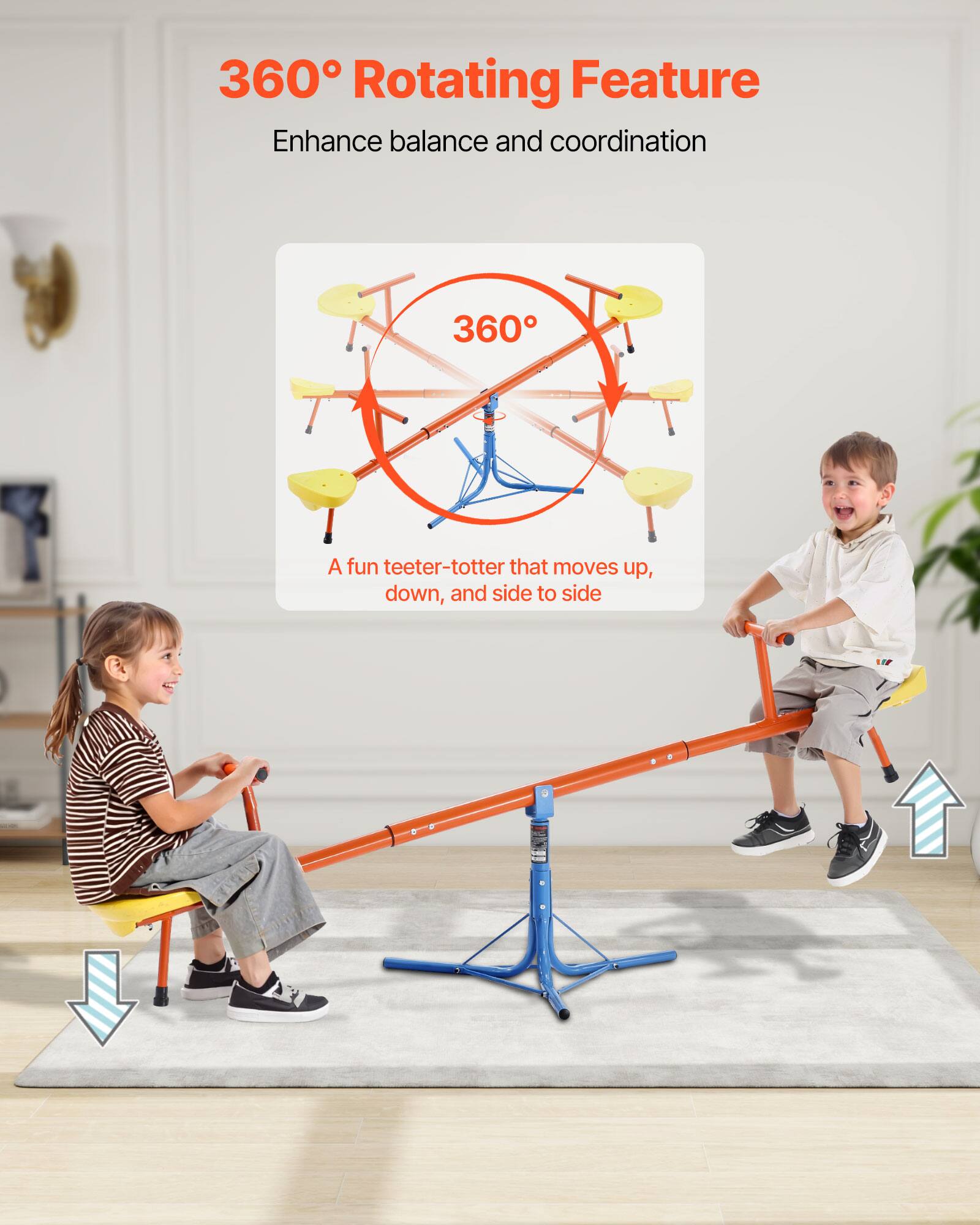 360° Rotating Feature: Enhance balance and coordination. A fun teeter-totter that moves up, down, and side to side.