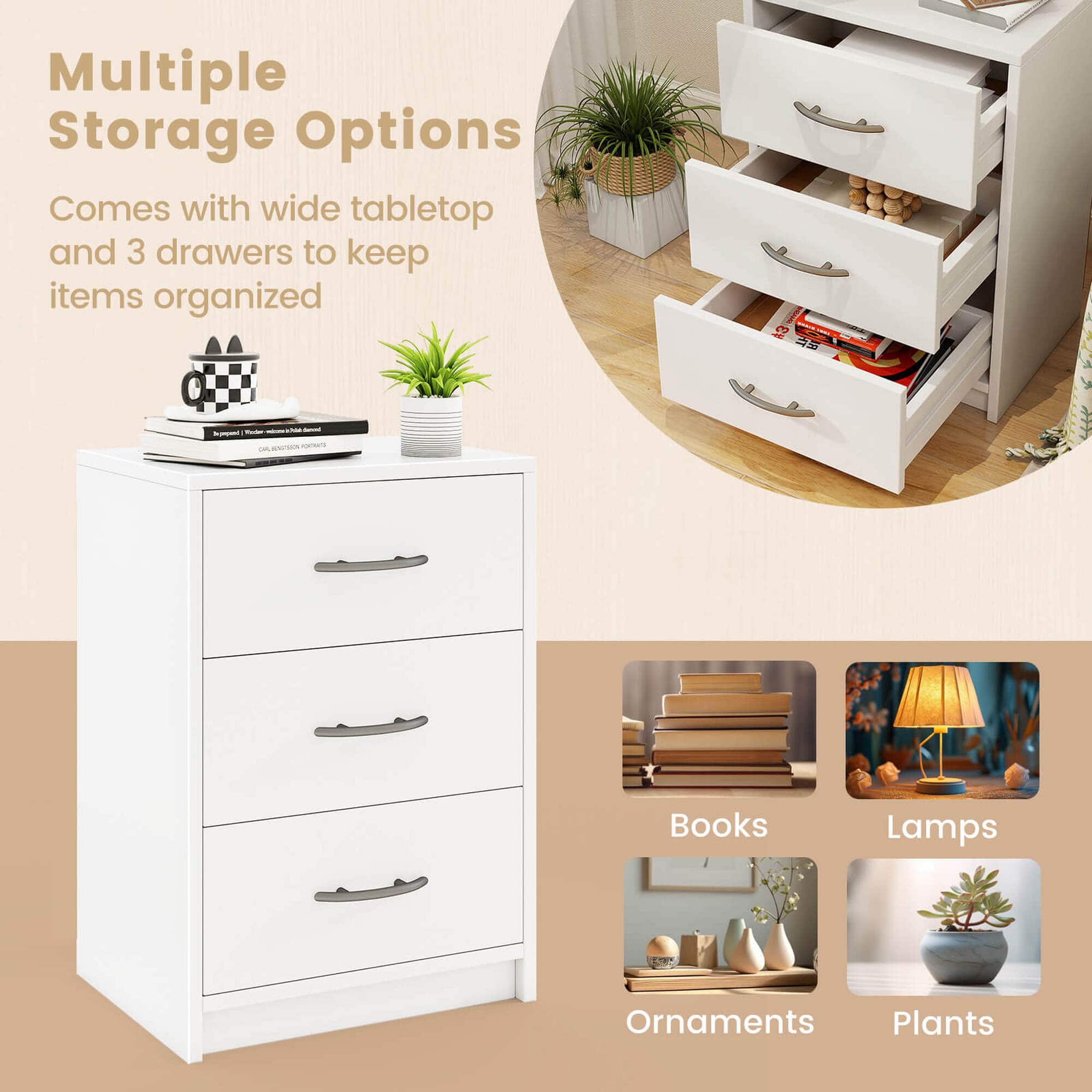 Multiple Storage Options: Comes with a wide tabletop and 3 drawers to keep items organized.