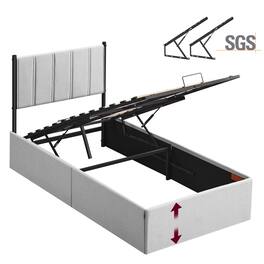 Songmics Home - Lift Up Storage Bed Frame Twin Size, Hydraulic Platform Bed, with Upholstered Headboard, 550 lb Weight Capacity - Dove Gray