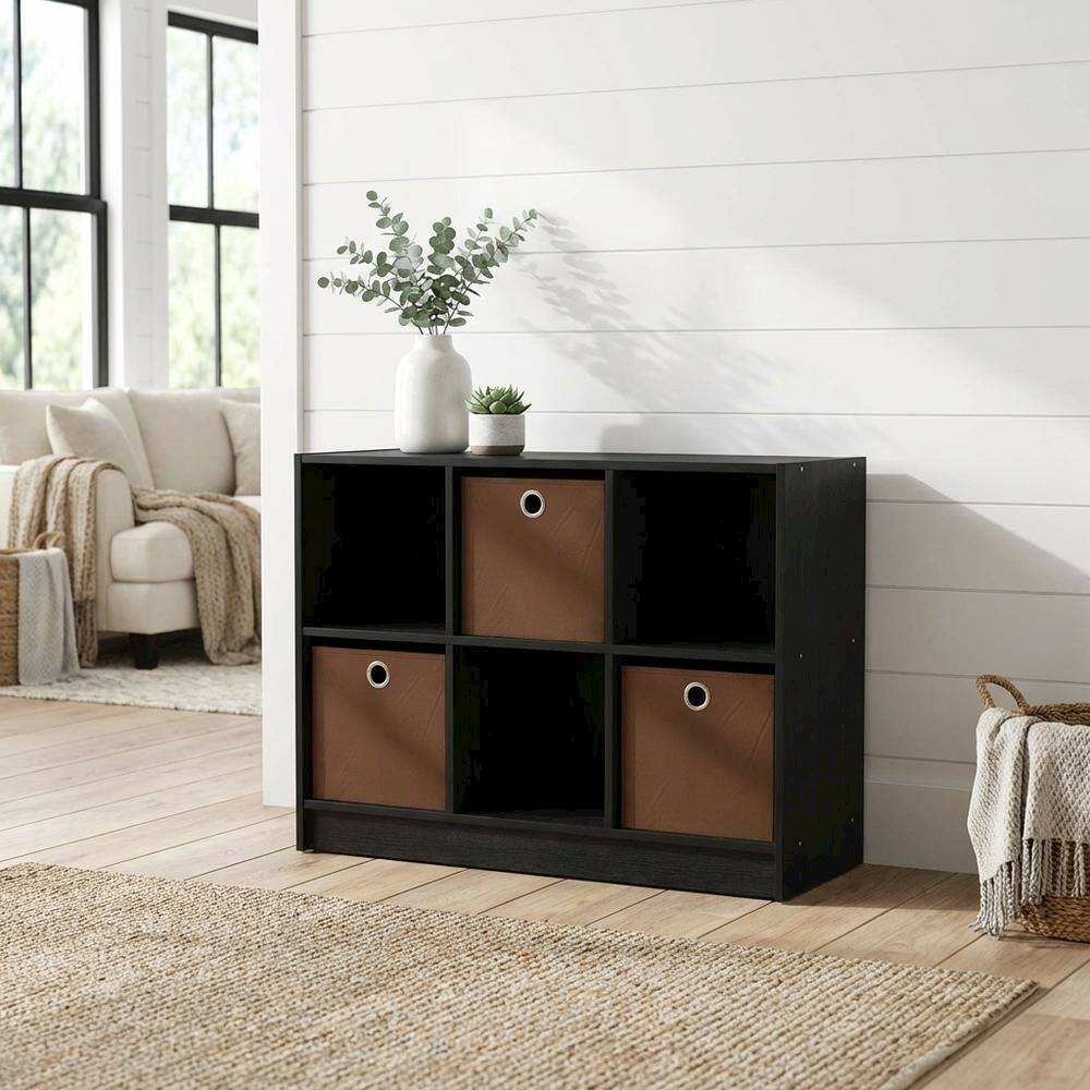 Angle. FurniFact - 3x2 Wooden Bookcase with Bins in Medium Brown for Organized Storage - Americano/Medium Brown.