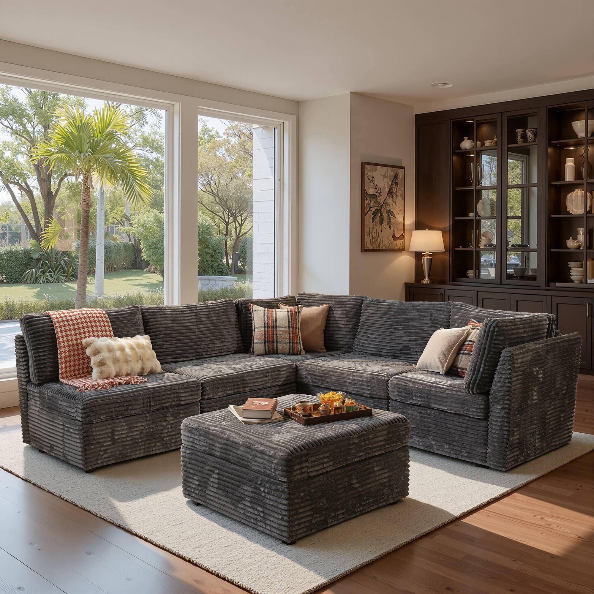 Ovios - 5 Seat Modular Sectional Sofa, Plush Corduroy Deep Seat Couch with Ottoman for Living Room - Gray