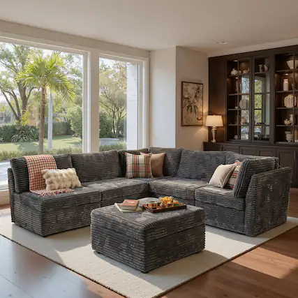 Front. Ovios - 5 Seat Modular Sectional Sofa, Plush Corduroy Deep Seat Couch with Ottoman for Living Room - Grey.