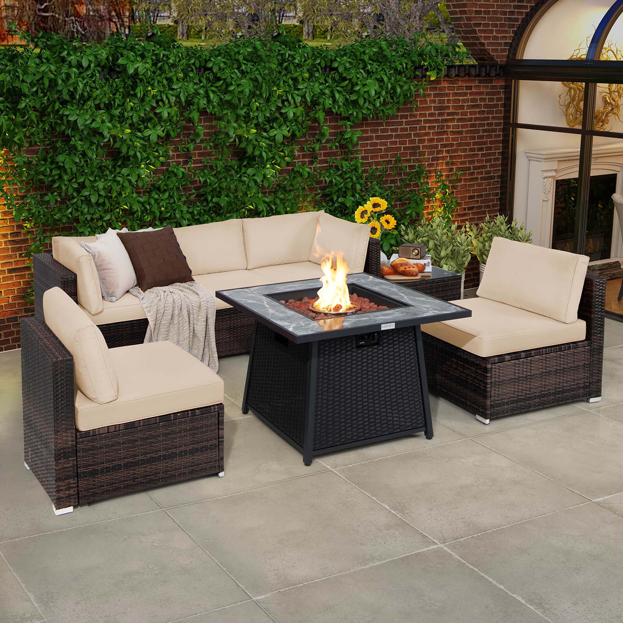 Alt View 4. Costway - 7 PCS Patio Furniture Set with 35" Propane Gas Fire Pit Table & Waterproof Cover - Brown.