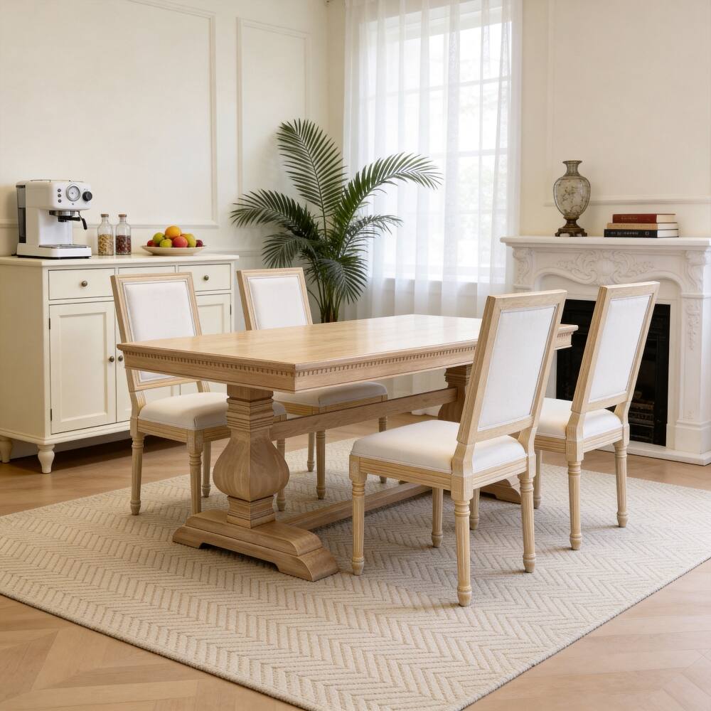 Alt View 7. Loheer - Loheer French Country Dining Chairs Set of 2 Upholstered Square Back Beige Solid Wood - Beige.