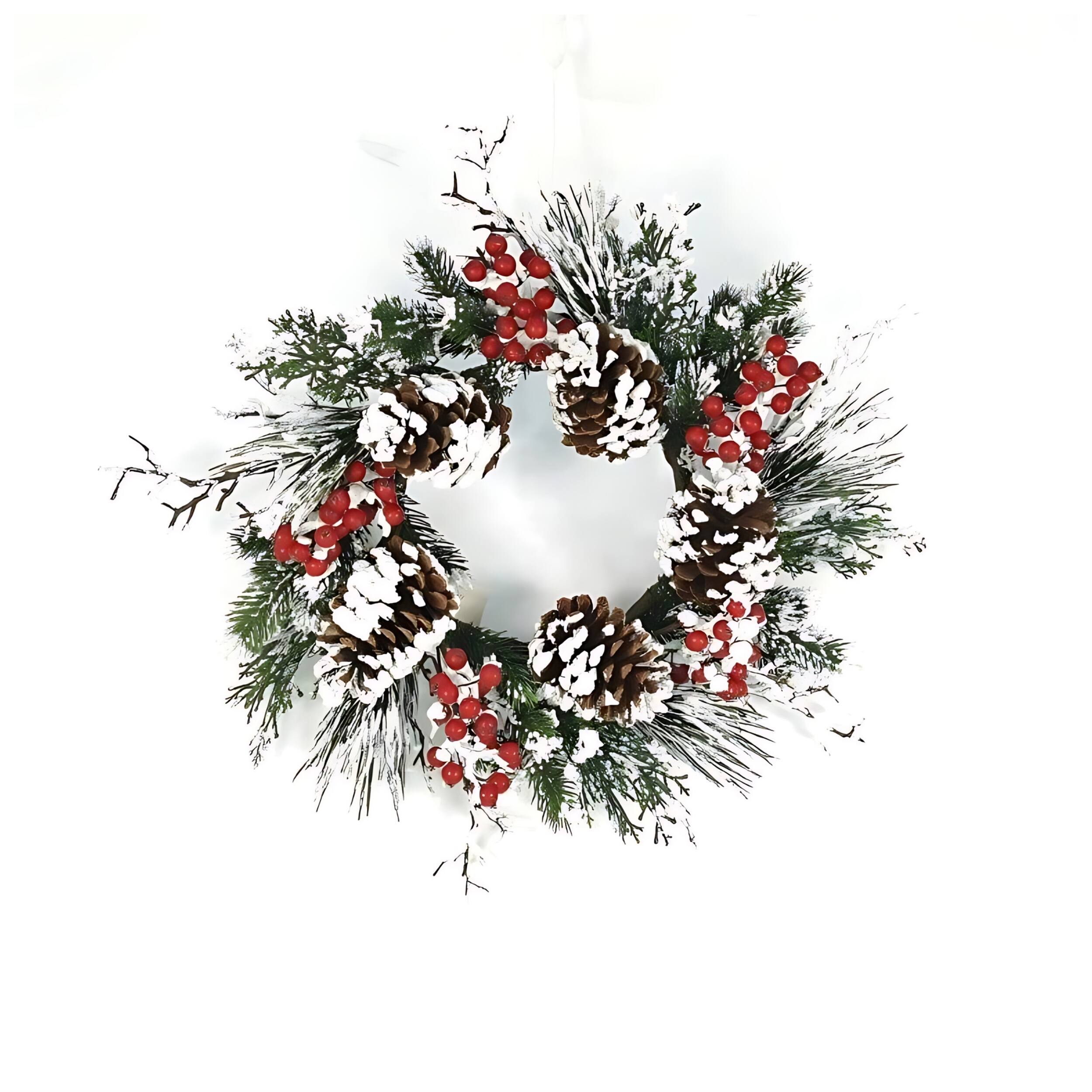 BreeBe - Snow Mixed Pine Berry Wreath 20"D - Green