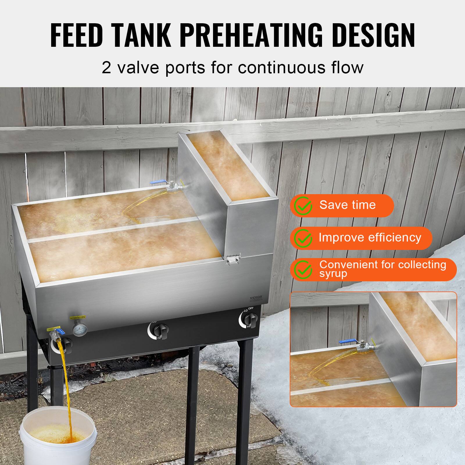 FEED TANK PREHEATING DESIGN  
2 valve ports for continuous flow  

- Save time  
- Improve efficiency  
- Convenient for collecting syrup