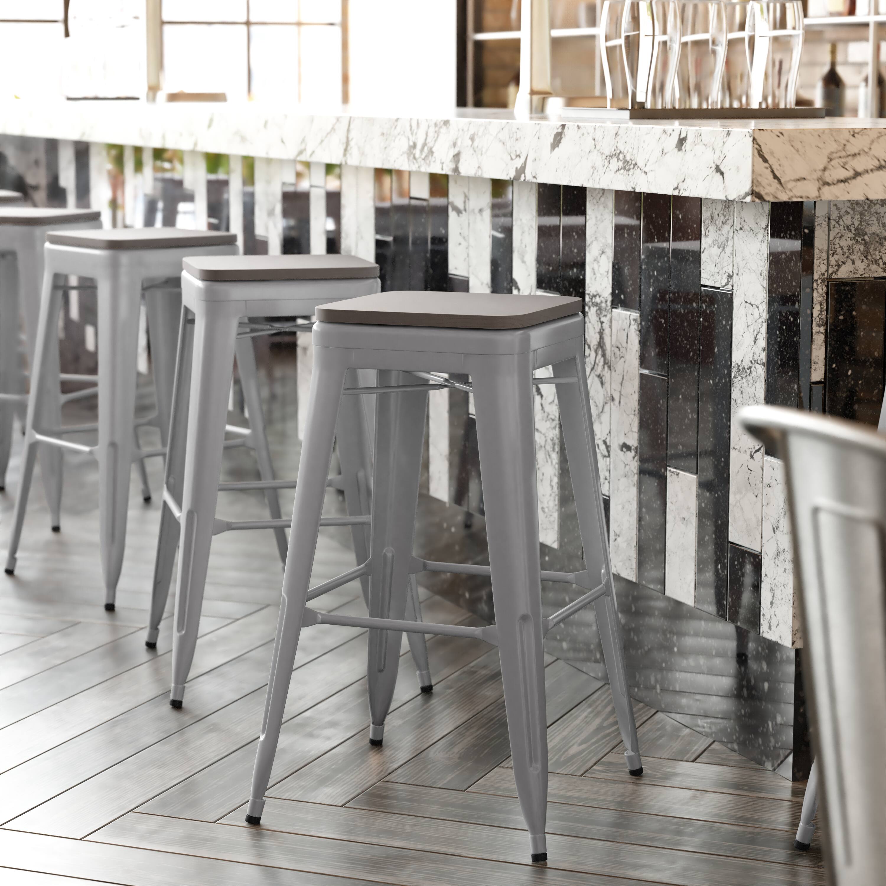 Alt View 1. Emma + Oliver - Kam Backless Metal Indoor-Outdoor Stool with All-Weather Polystyrene Seat - Gray Seat/Silver Frame.