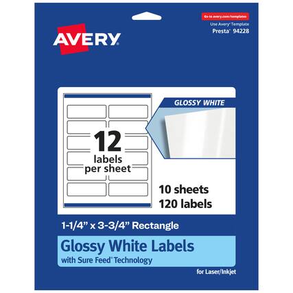 Go to avery.com/templates
AVERY
Use Avery Template Presta® 94228
GLOSSY WHITE
12 labels per sheet
10 sheets
120 labels
1-1/4" x 3-3/4" Rectangle
Glossy White Labels with Sure Feed® Technology for Laser/Inkjet