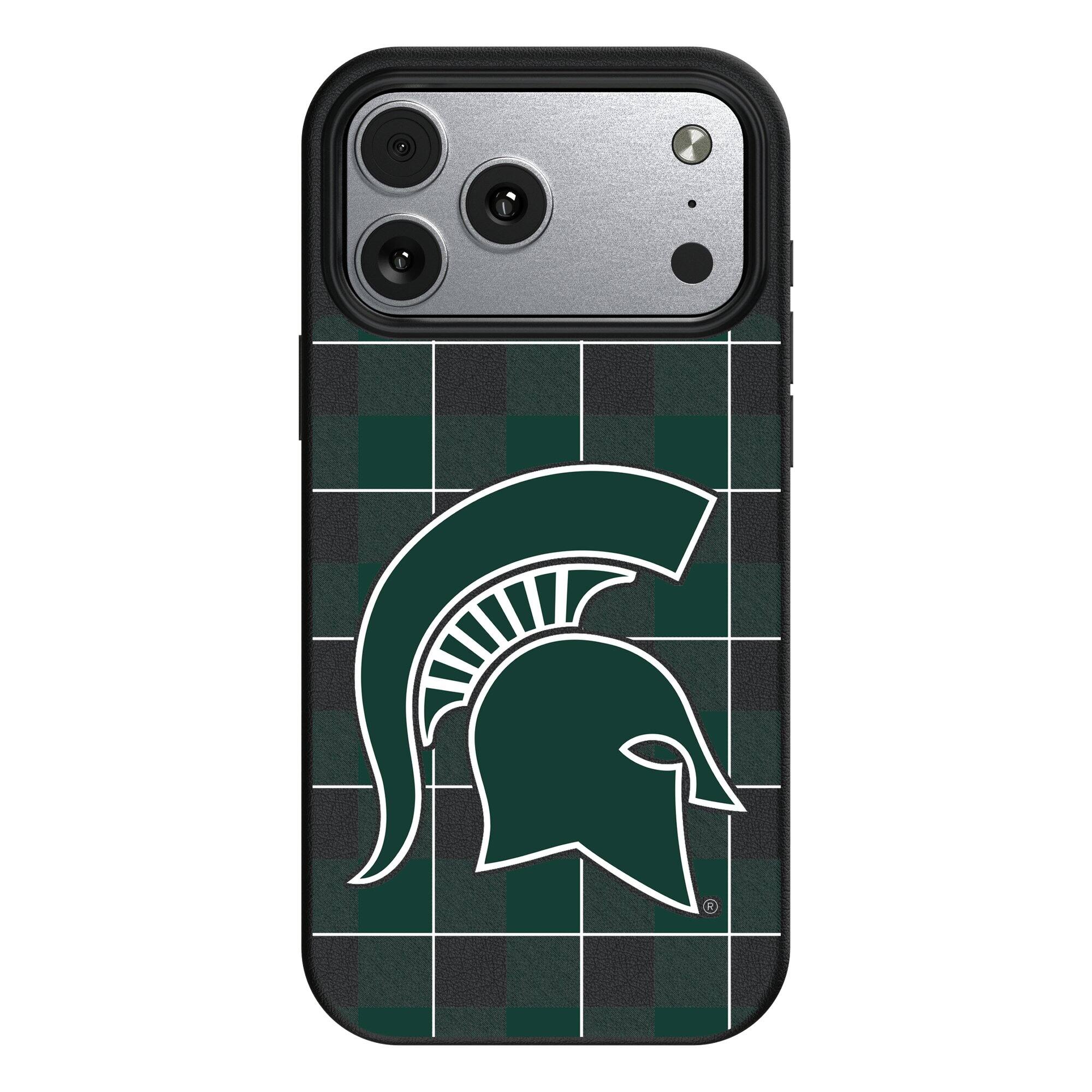 Front. Keyscaper - Michigan State Spartans Plaid Magnetic Bump iPhone Case - 15 Pro - Black.