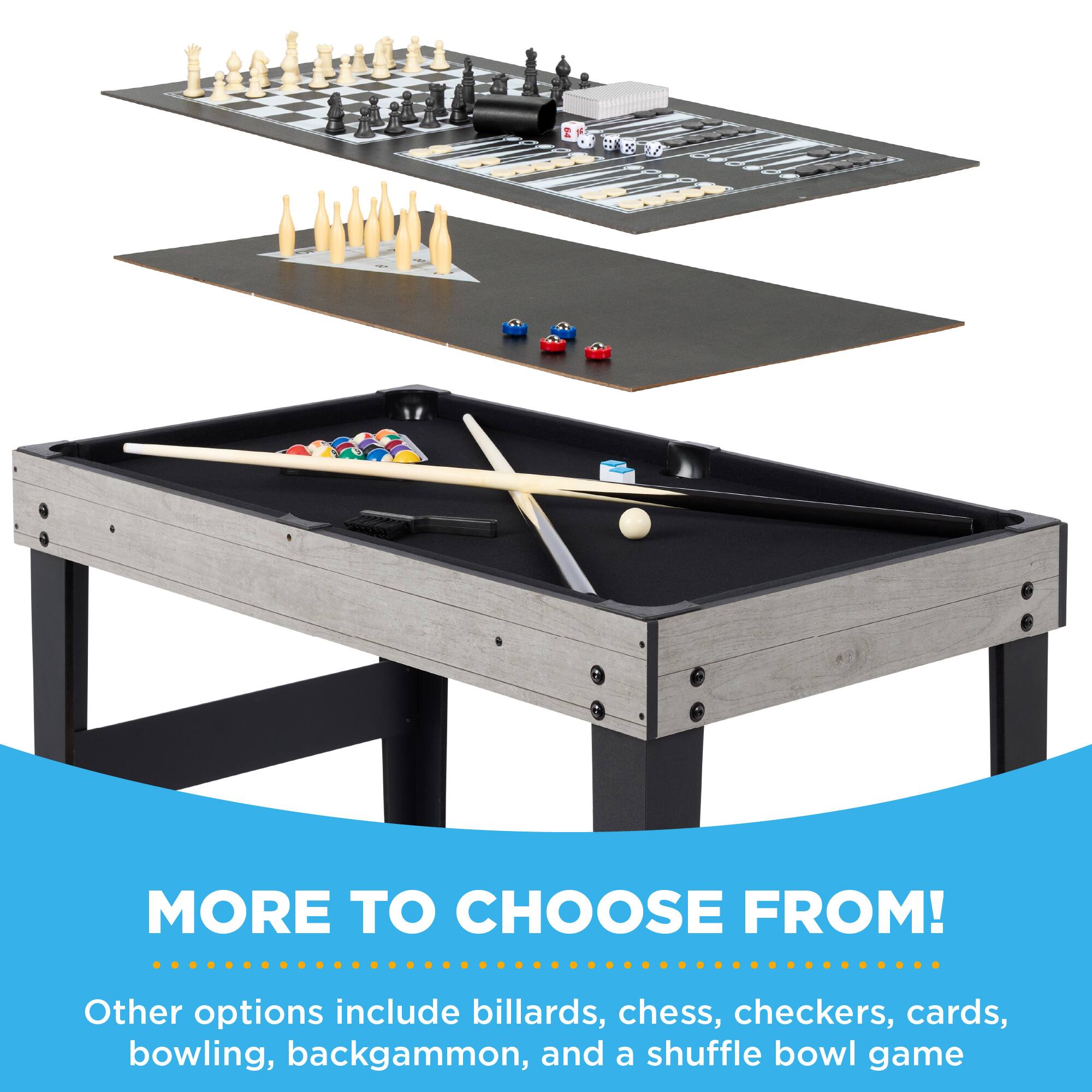 The corrected text is:

"More to choose from! Other options include billiards, chess, checkers, cards, bowling, backgammon, and a shuffle bowl game."