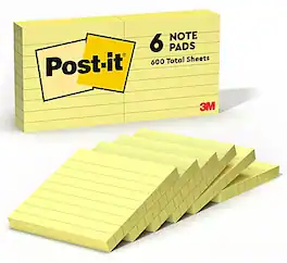 Post-it - Notes, 3" x 3", Canary Collection, Lined, 100 Sheet/Pad, 6 Pads/Pack - Canary Yellow