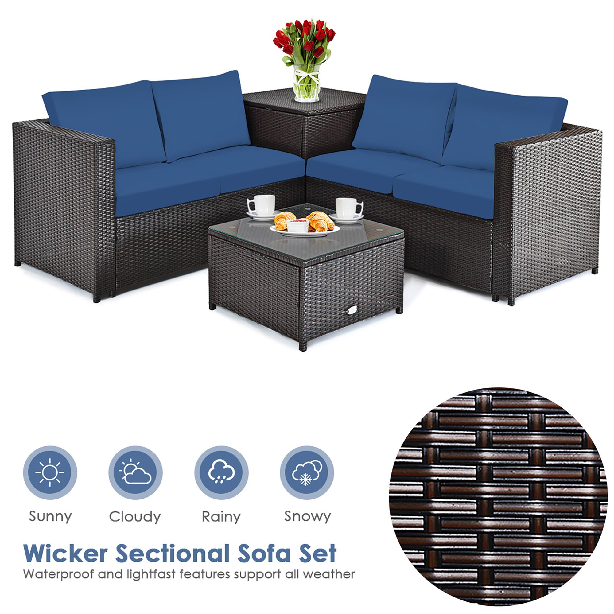 Sunny Cloudy Rainy Snowy Wicker Sectional Sofa Set Waterproof and lightfast features support all weather