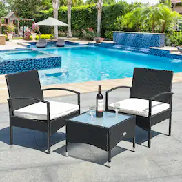 Gymax - 3 PCS Patio Wicker Rattan Furniture Set Coffee Table & 2 Rattan Chair W/Cushion - Black