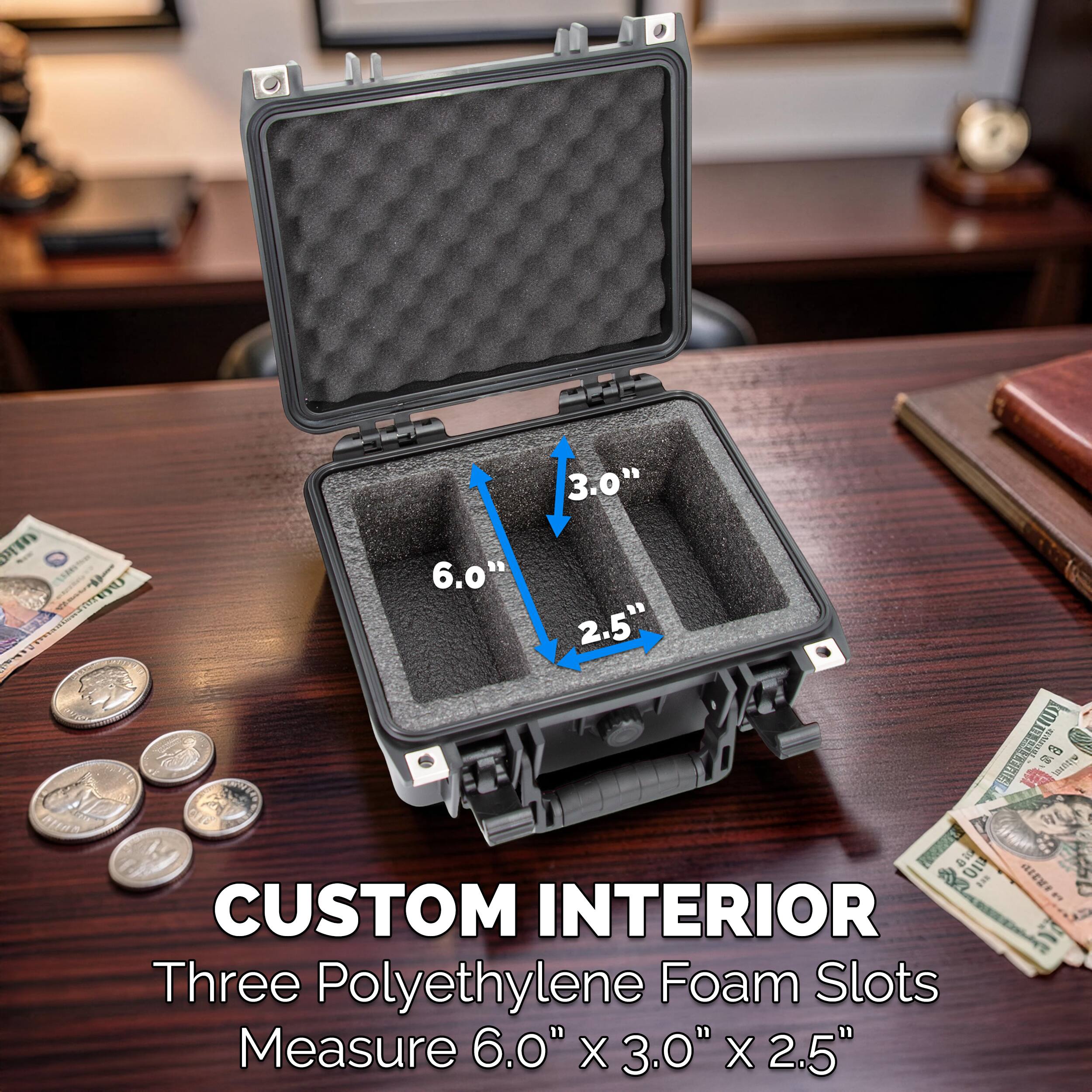 3.0" m 6.0" 1 OIEV 2.5" KomEENED I 6s DF SAtHR LENER F NO A 10 R 1 AIEWT CUSTOM INTERIOR Three Polyethylene Foam Slots Measure 6.0" X 3.0" X 2.5"