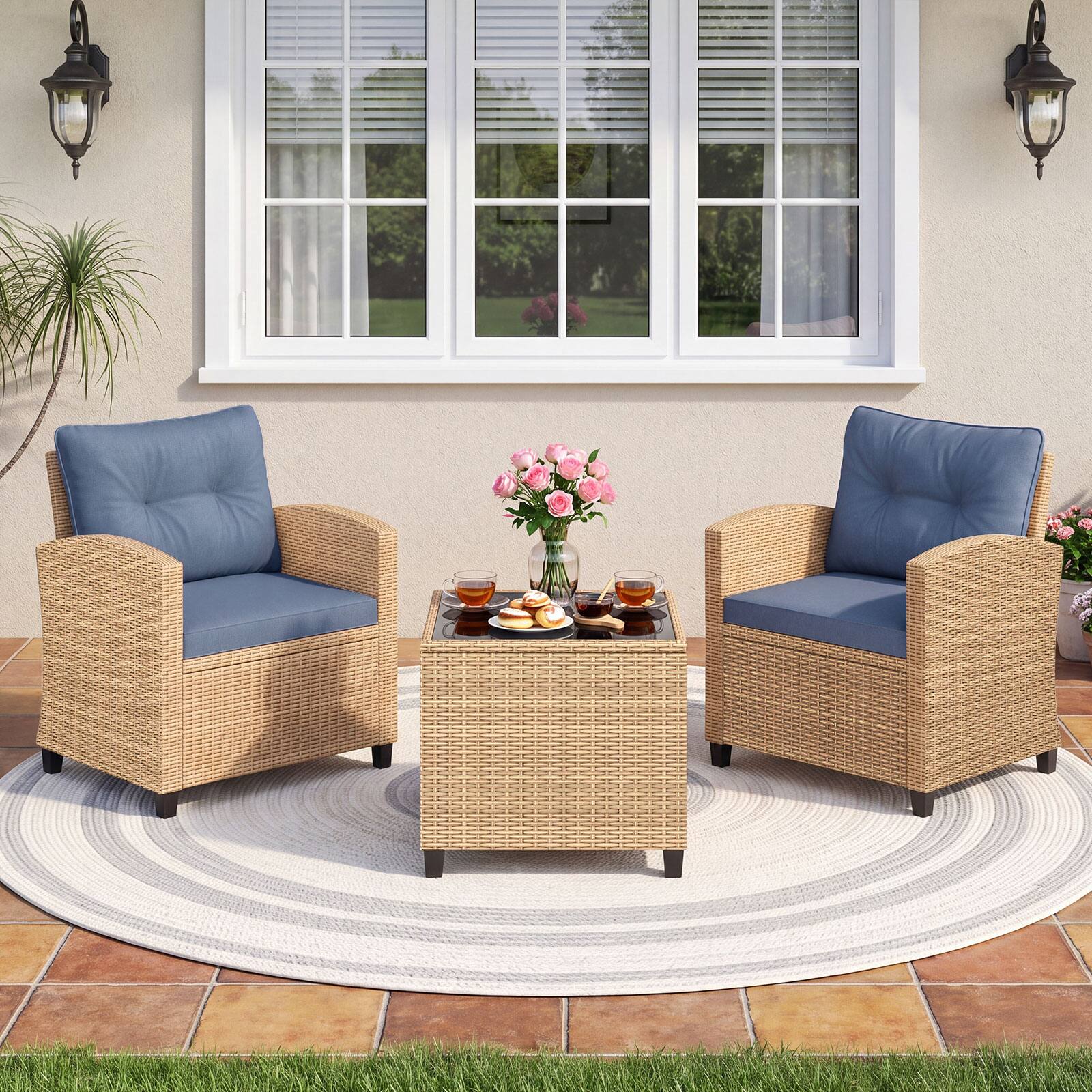 Alt View 3. Costway - Costway 3PCS Patio Furniture Set, Rattan Conversation Set with Soft Seat & Back Cushions - Light Brown+Bluish Gray.