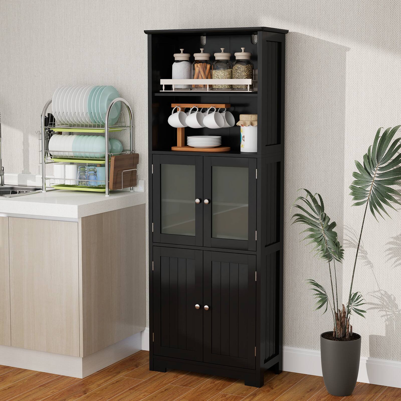 Alt View 3. Gymax - Gymax Bathroom Tall Storage Cabinet Linen Tower w/ Glass Door & Adjustable Shelf Black - Black.