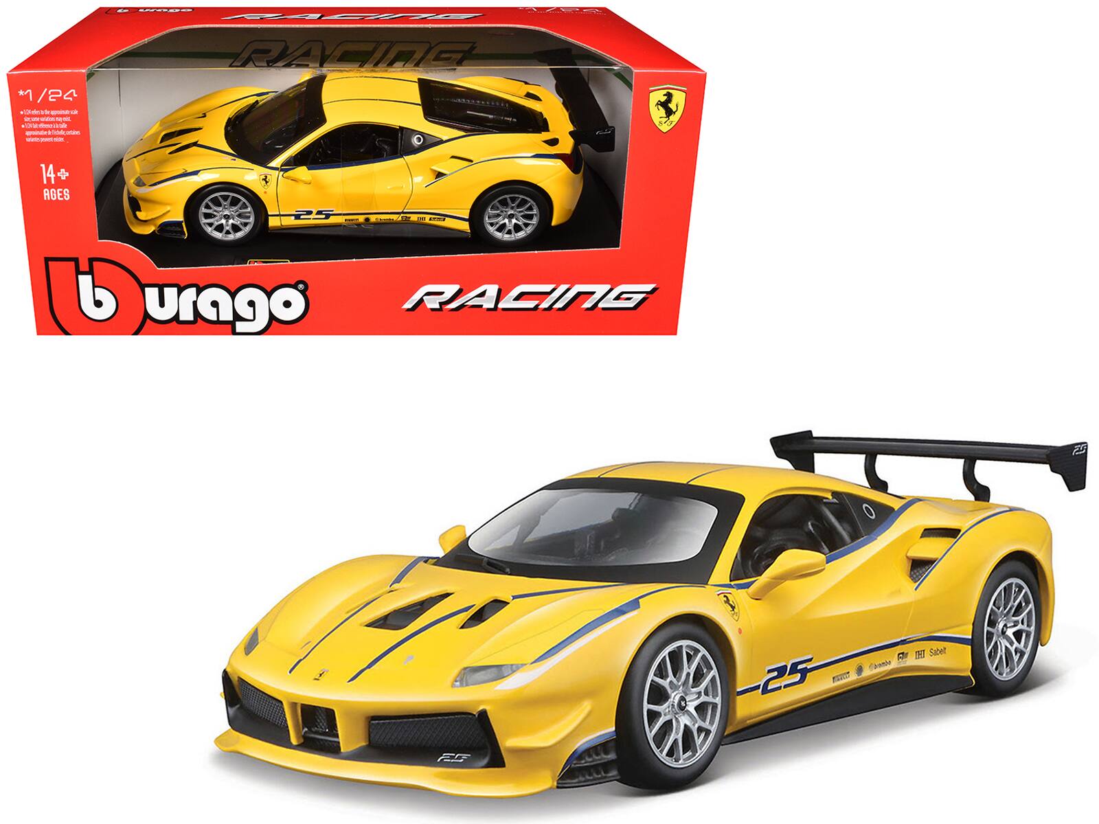 - 1/24 scale
- 100% die-cast metal body
- 14+ ages
- Bburago
- Racing
- Ferrari
- 25
- Sabelt
- Pirelli