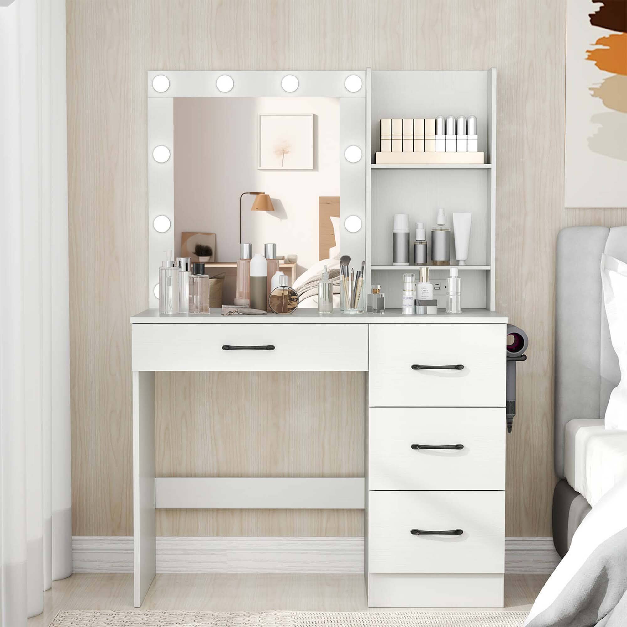 Alt View 4. Costway - Costway Makeup Vanity Desk with Mirror and Lights Charging Station 3-Color LED Lights White - White.