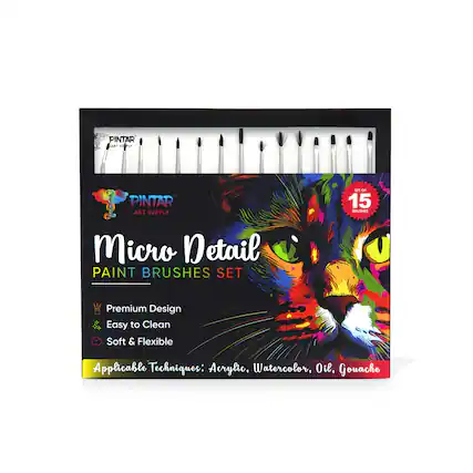 PINTAR ART SUPPLY
Micro Detail PAINT BRUSHES SET
Premium Design
Easy to Clean
Soft & Flexible
Applicable Techniques: Acrylic, Watercolor, Oil, Gouache
SET OF 15 BRUSHES