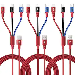 PARKER SLATER - 3 in 1 multi charging cable, 5ft braided fast charger cord with Type-C and Micro USB ports, 3 pack for phones and tablet - Red/Black/Blue