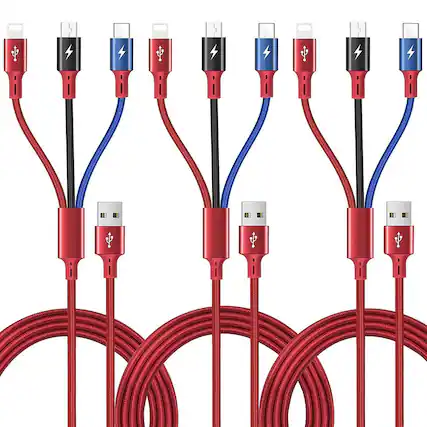 Front. PARKER SLATER - 3 in 1 multi charging cable, 5ft braided fast charger cord with Type-C and Micro USB ports, 3 pack for phones and tablet - Red/Black/Blue.