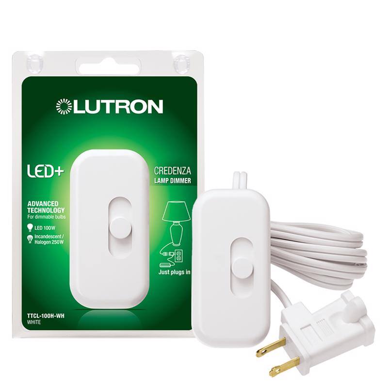 LUTRON LED+ CREDENZA LAMP DIMMER  
ADVANCED TECHNOLOGY  
For dimmable bulbs  
LED 100W  
Incandescent/ Halogen 250W  
Just plugs in  
TTCL-100H-WH WHITE