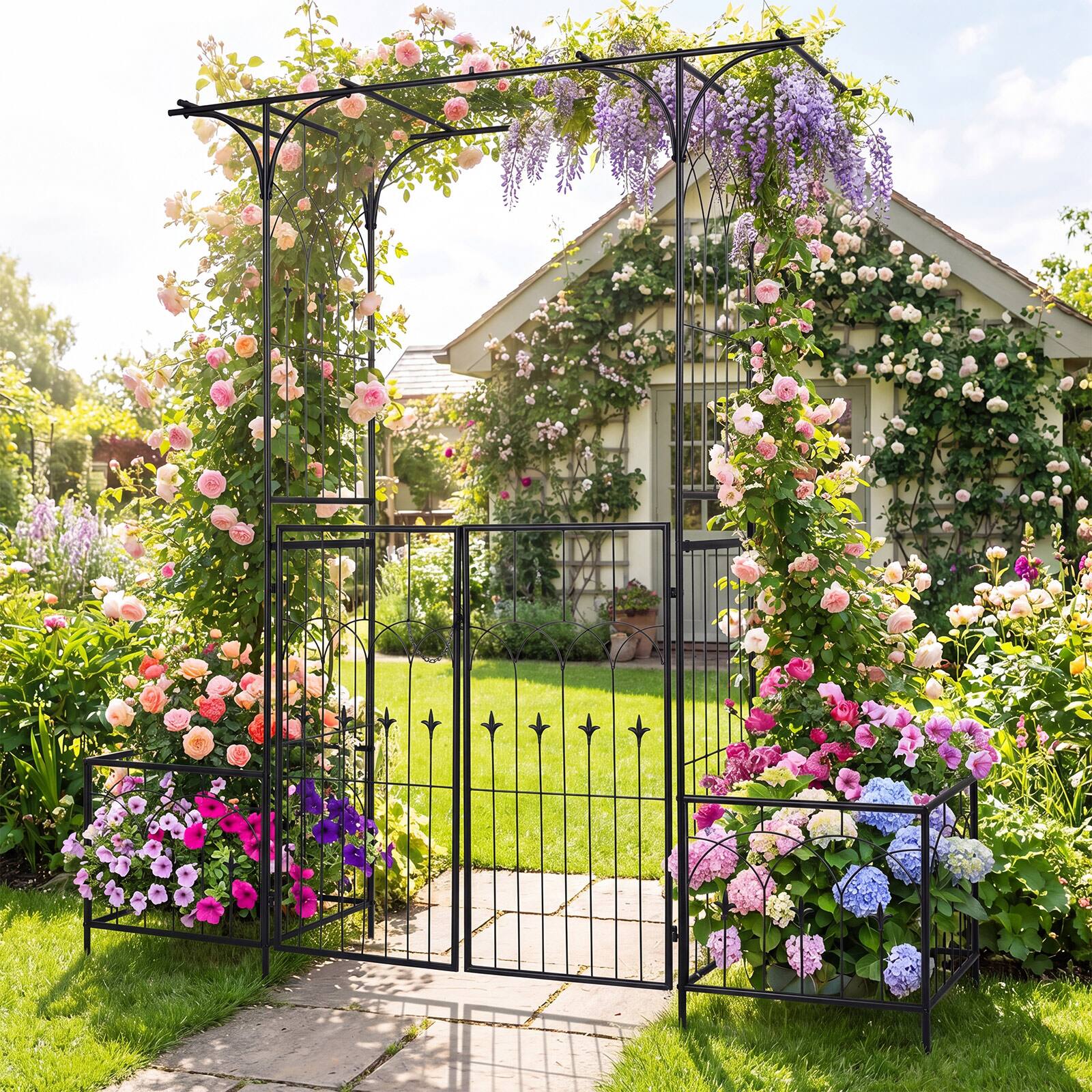 Alt View 3. Gymax - Gymax 81'' Garden Arbor w/Gate & Planter Boxes w/Side Trellis for Climbing Plants - Black.