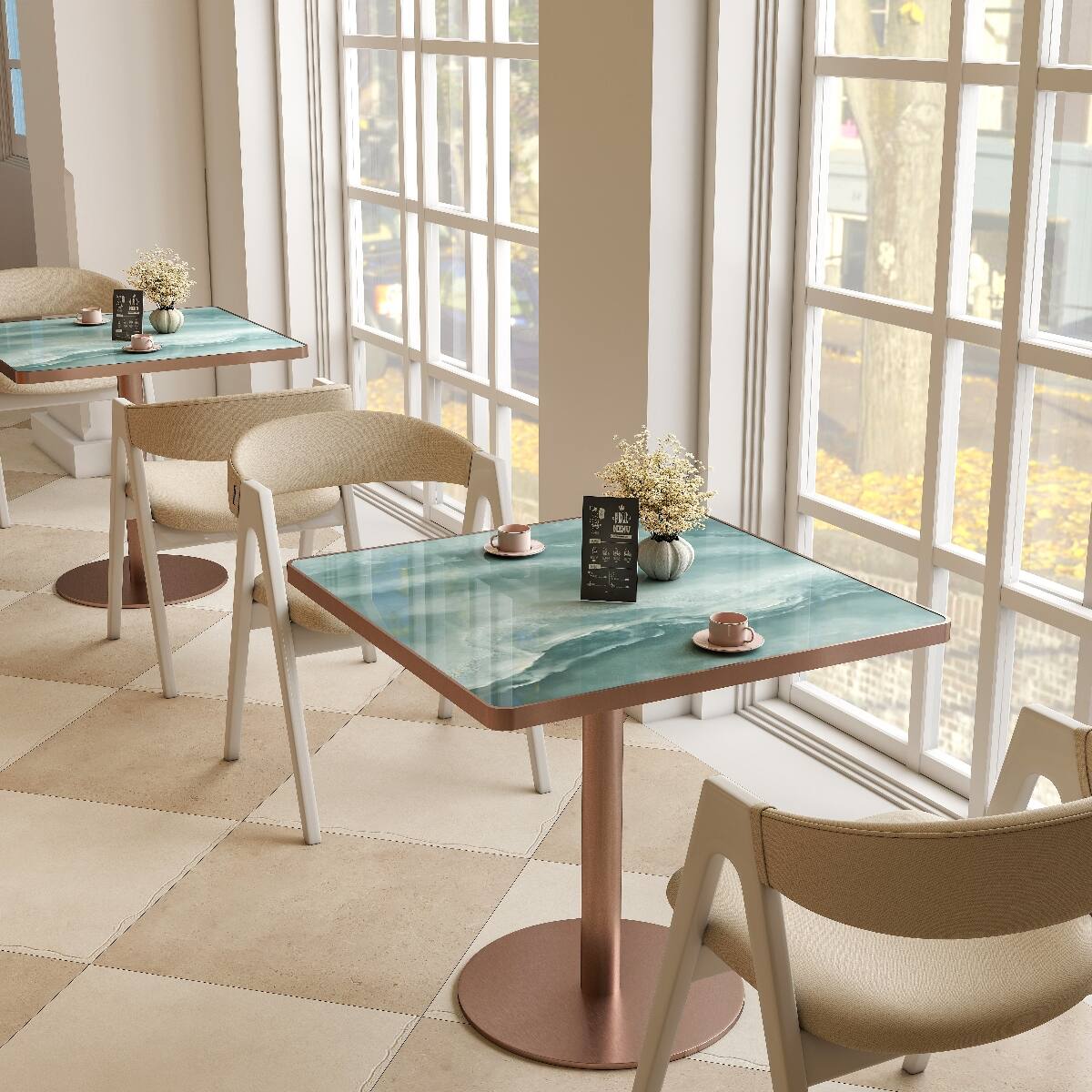 Alt View 2. Loheer - Loheer 31.5 Inch Square Dining Table, Sintered Stone Top, Rose Gold Pedestal Base - Green and Rose Gold.