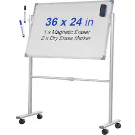 VEVOR - Mobile Magnetic Whiteboard, 36 x 24 Inch, Double Sided, 360 Degree Reversible Rolling Dry Erase Board - White