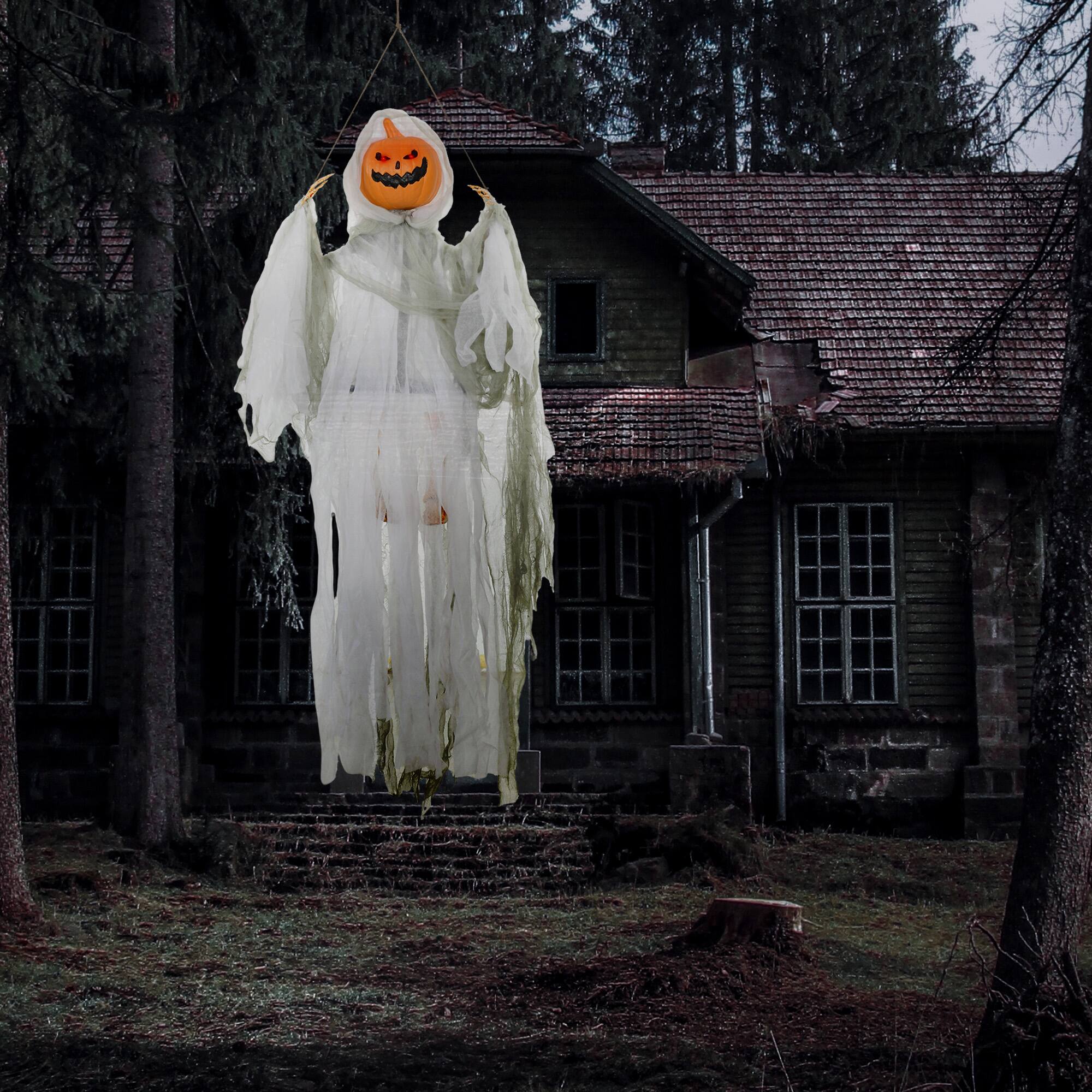 Alt View 1. Homcom - 3.9' Outdoor Hanging Halloween Decoration, Pumpkin Ghost, Sound Activated Prop with Light Up Eyes & Creepy Howling Sound - Green.