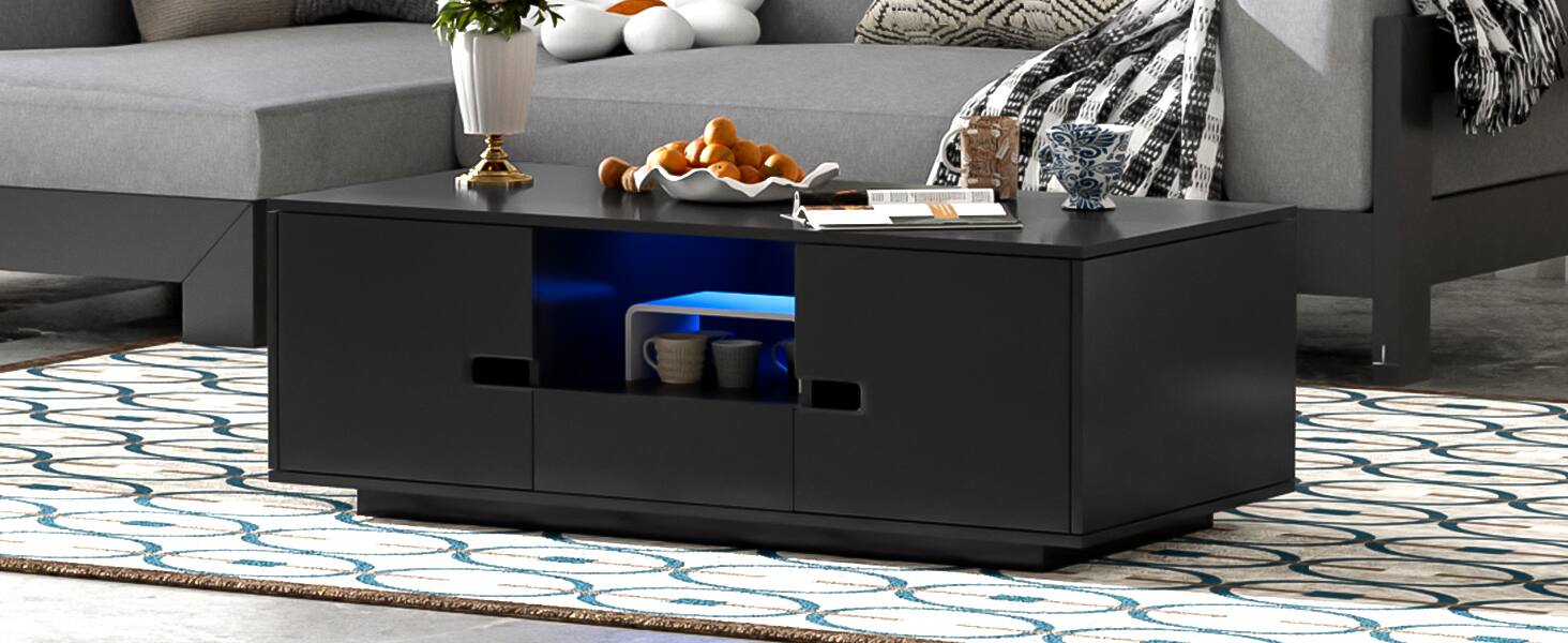 Alt View 5. Tiramisubest - Modern High Glossy Rectangle Coffee Table,Stylish Center Table with Storage Space,Accent Table with 16 Color LED Lights - Black.
