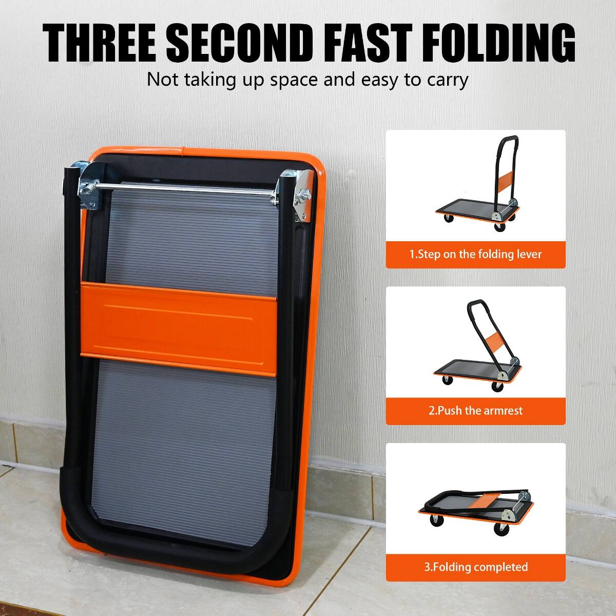 THREE SECOND FAST FOLDING  
Not taking up space and easy to carry

1. Step on the folding lever  
2. Push the armrest  
3. Folding completed