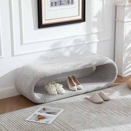 Front. Ropilly - Ropilly 52 Inch Chenille Upholstered Bench, Light Brown Modern Shoe Bench with Iron Frame for Bedroom End of Bed - Light brown.
