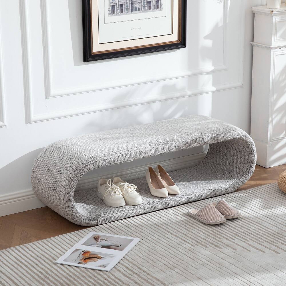 Front. Ropilly - Ropilly 52 Inch Chenille Upholstered Bench, Light Brown Modern Shoe Bench with Iron Frame for Bedroom End of Bed - Light brown.