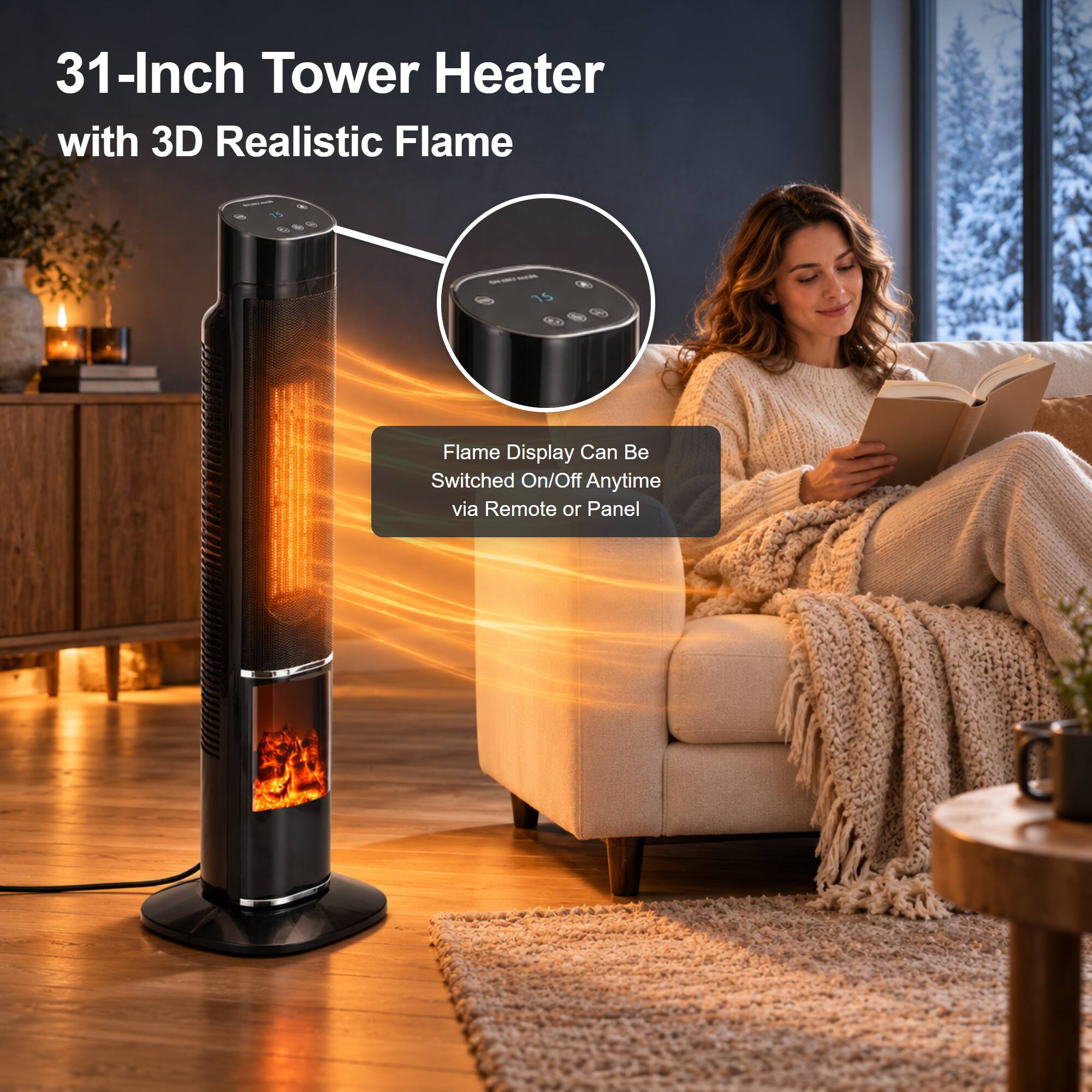 31-Inch Tower Heater with 3D Realistic Flame

Flame Display Can Be Switched On/Off Anytime via Remote or Panel