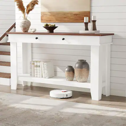 Front. Acekool - 2 Tier Farmhouse Entryway Table, Console Table with 2 Storage Drawers for Hallway, Living Room, White - White.