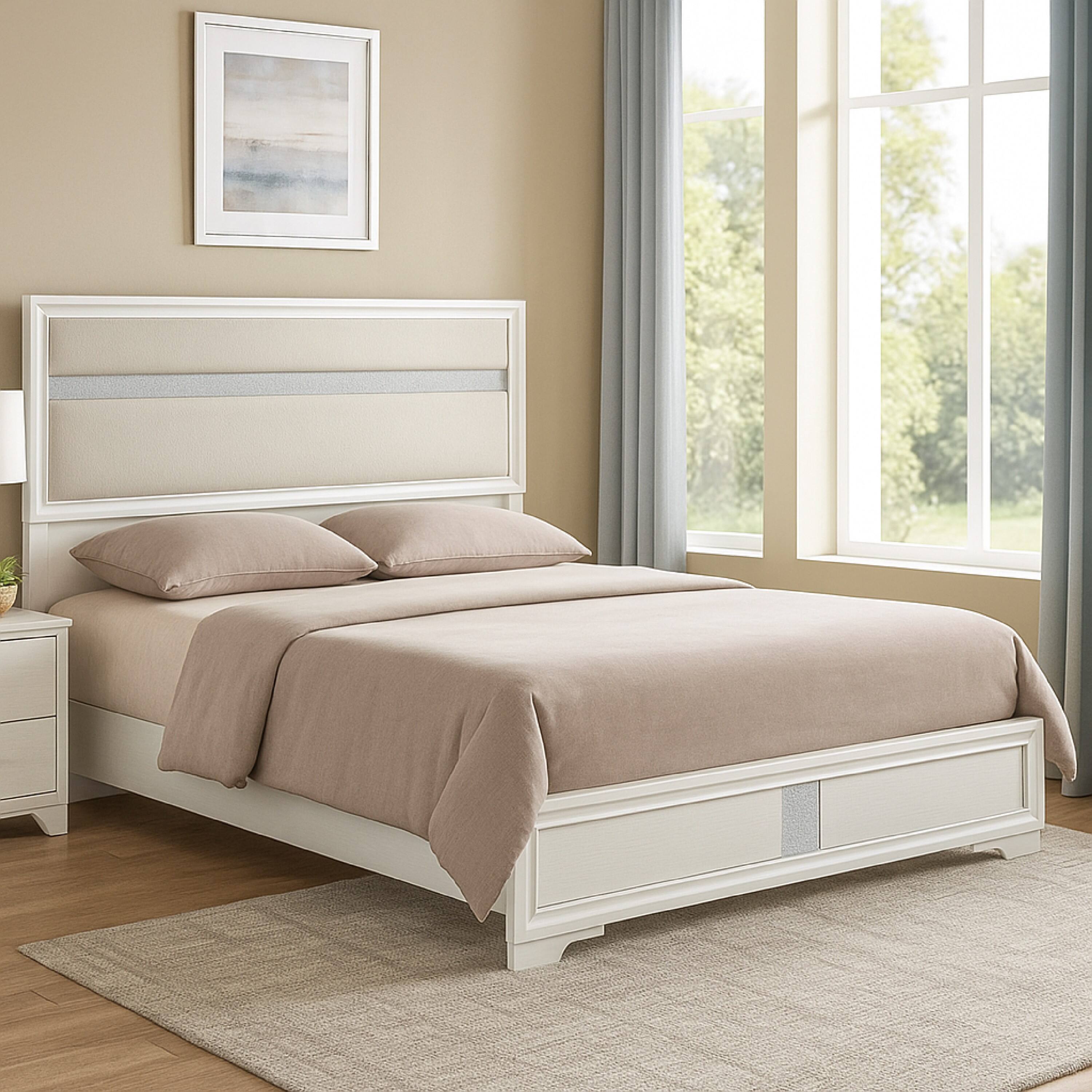 Alt View 5. Manhattan Lane - Vino King Size Bed, Panel Headboard, White Upholstery, Glitter Stripes - White.