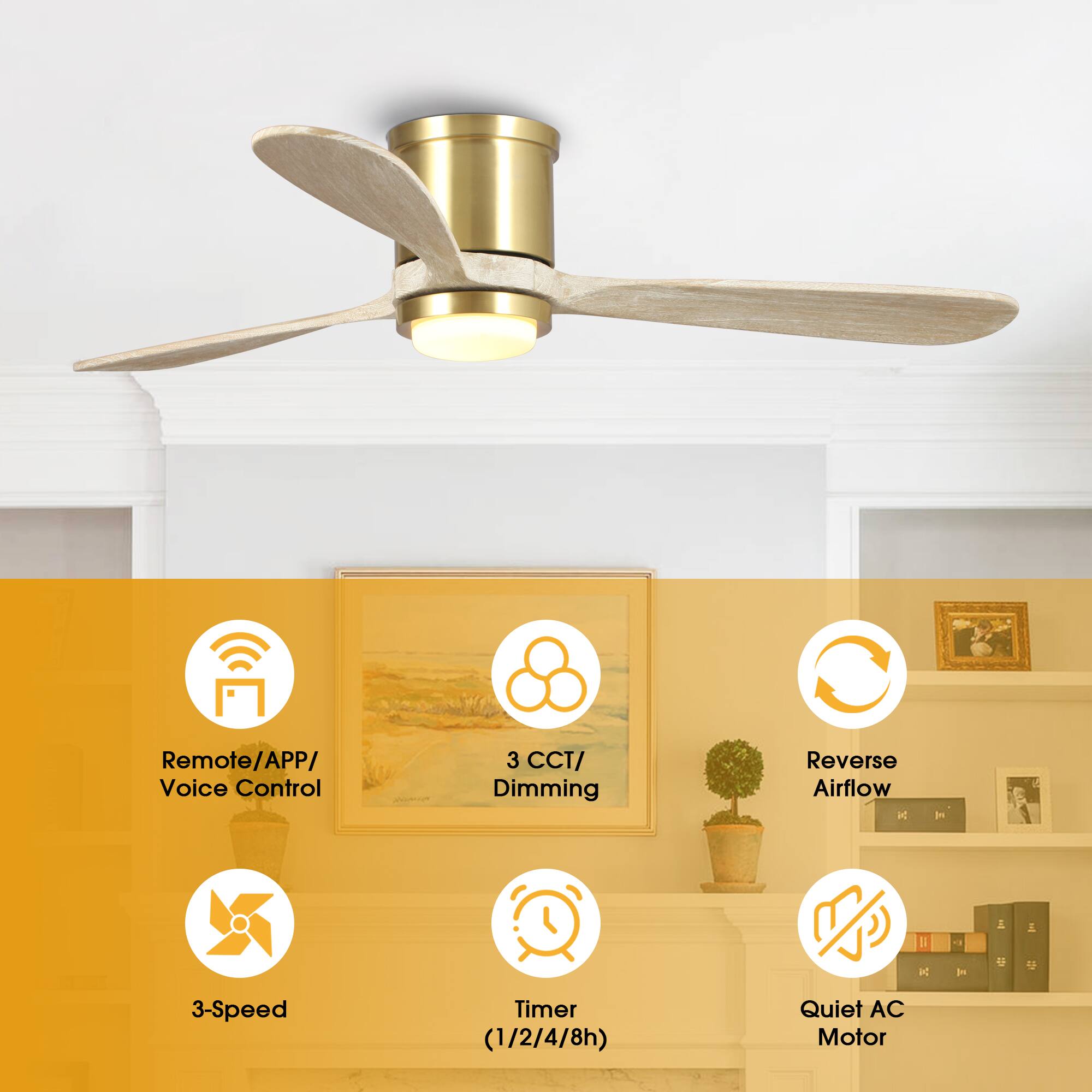 - Remote/APP/ Voice Control
- 3 CCT/ Dimming
- Reverse Airflow
- 3-Speed
- Timer (1/2/4/8h)
- Quiet AC Motor