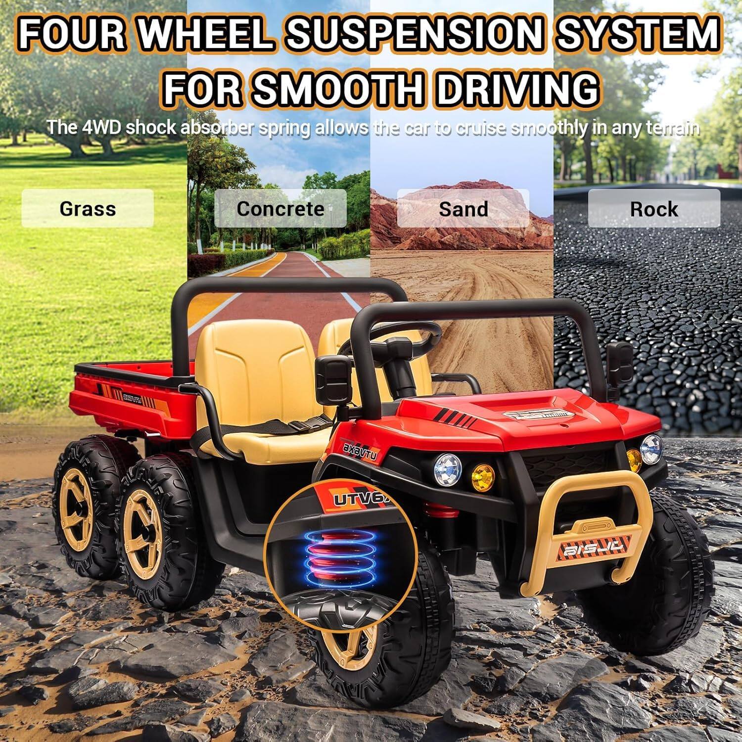 FOUR WHEEL SUSPENSION SYSTEM FOR SMOOTH DRIVING

The 4WD shock absorber spring allows the car to cruise smoothly in any terrain

Grass
Concrete
Sand
Rock