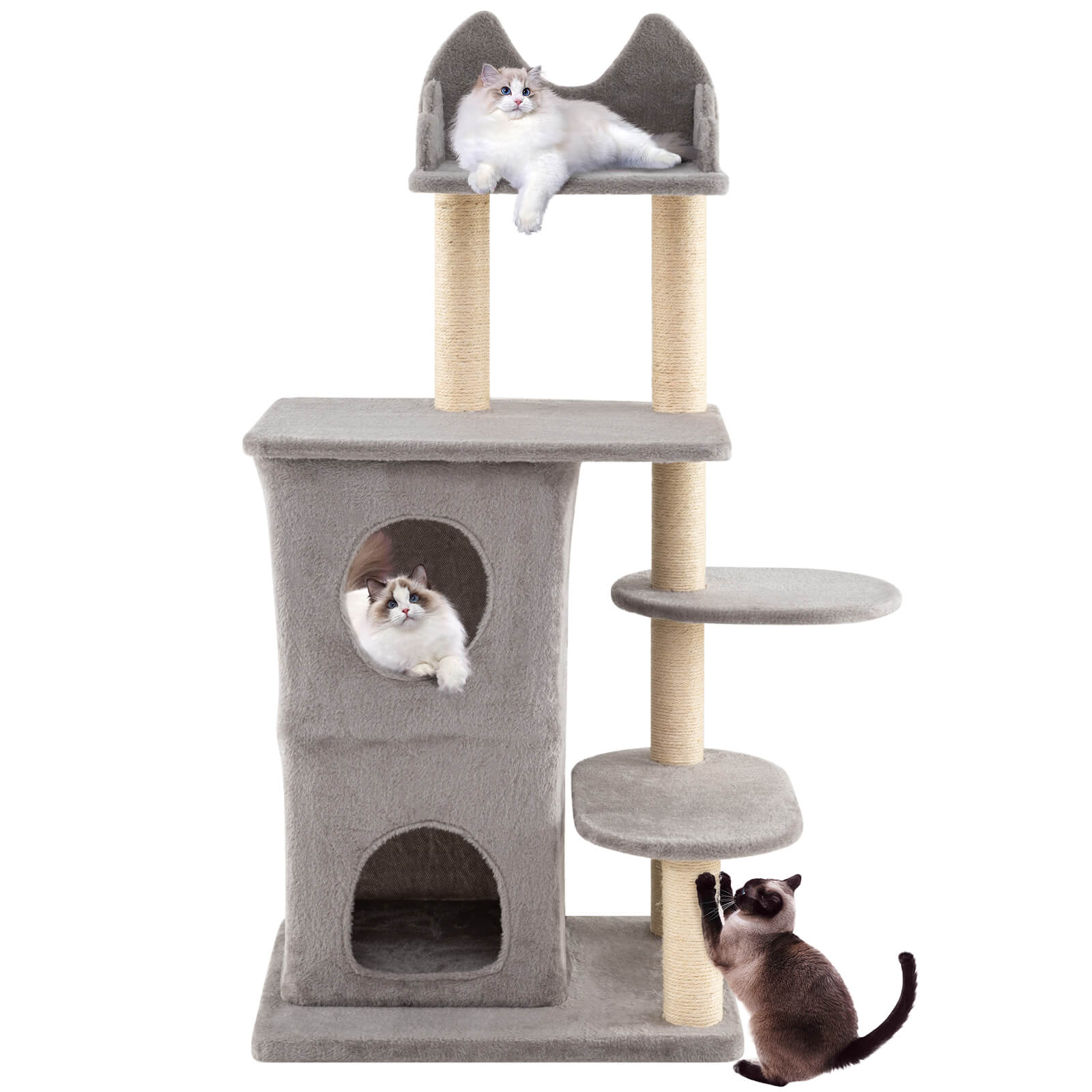Front. Costway - Costway 48.5 inch Cat Tree for Indoor Cat with 2-story Condo, 3 Hideaway Caves, Plush Perch - Gray.