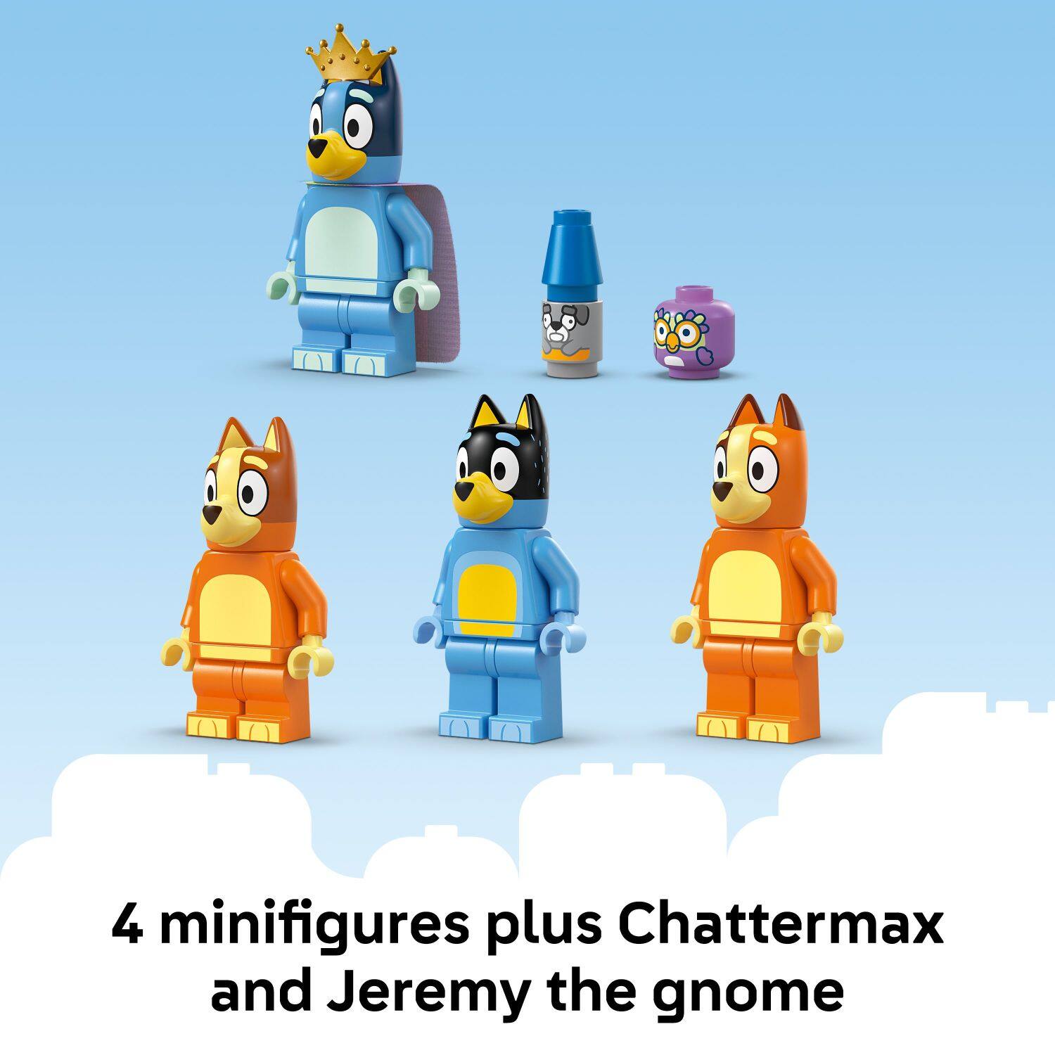 The corrected text is: "4 minifigures plus Chattermax and Jeremy the gnome."