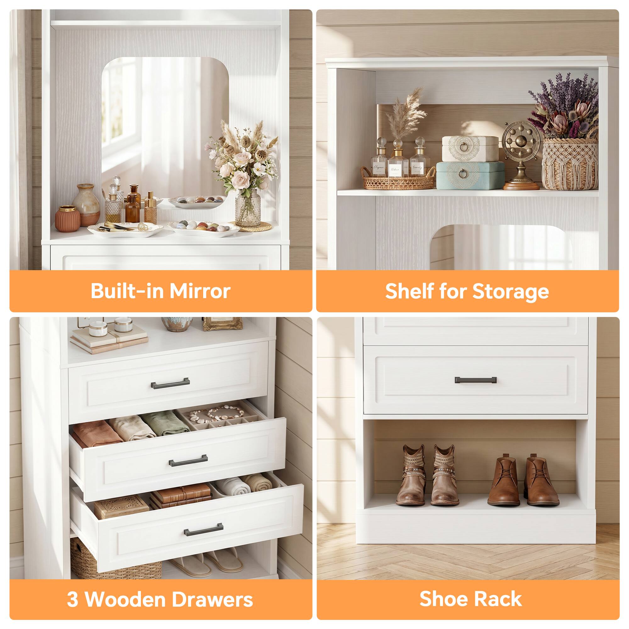 Built-in Mirror Shelf for Storage 3 Wooden Drawers Shoe Rack