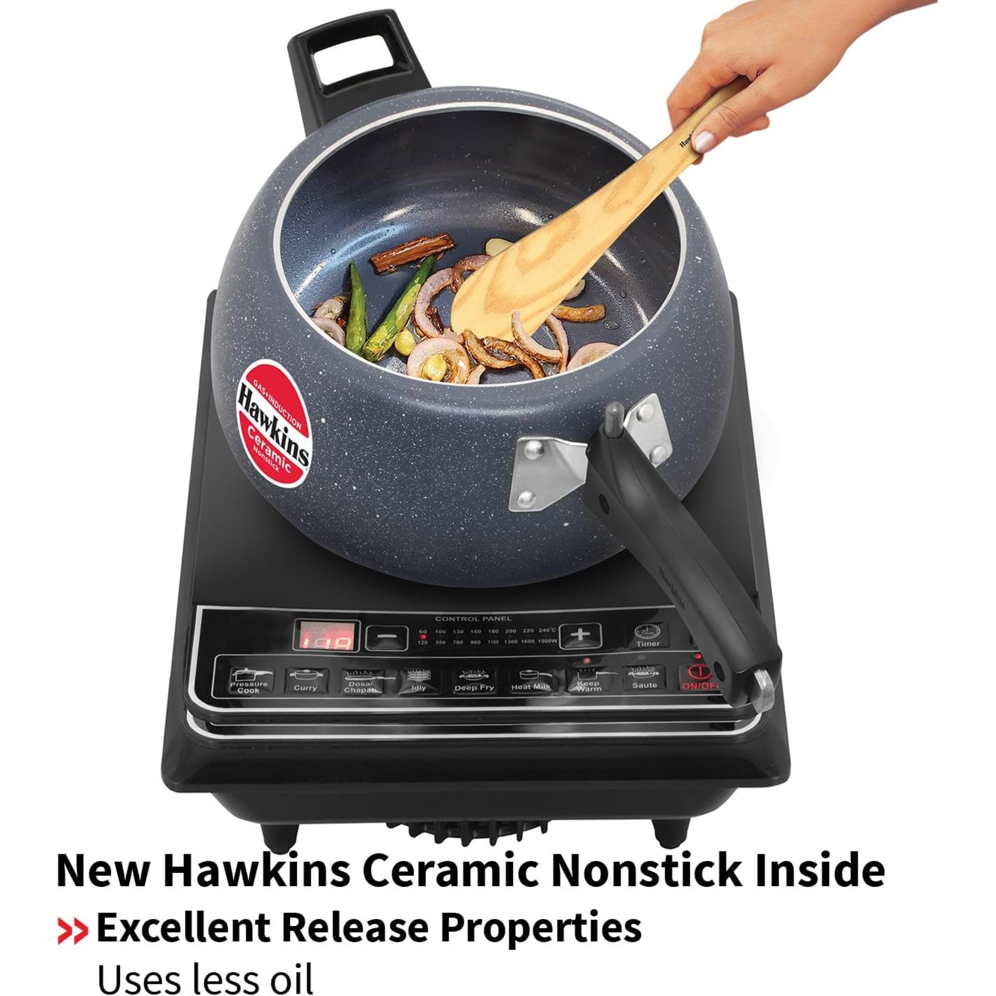 Hawkins GASHINDUCTION Ceramic CONTROL PANEL 100 TH 100 par you THE 240C 1.20 250 real 904 me 1500 1600 now

Timer
Pressure COOK
Curry
Dosal Chapati
BY
Deep Fry
Heat
Keep Warm
Saute
ON/OFF

New Hawkins Ceramic Nonstick Inside Excellent Release Properties Uses less oil