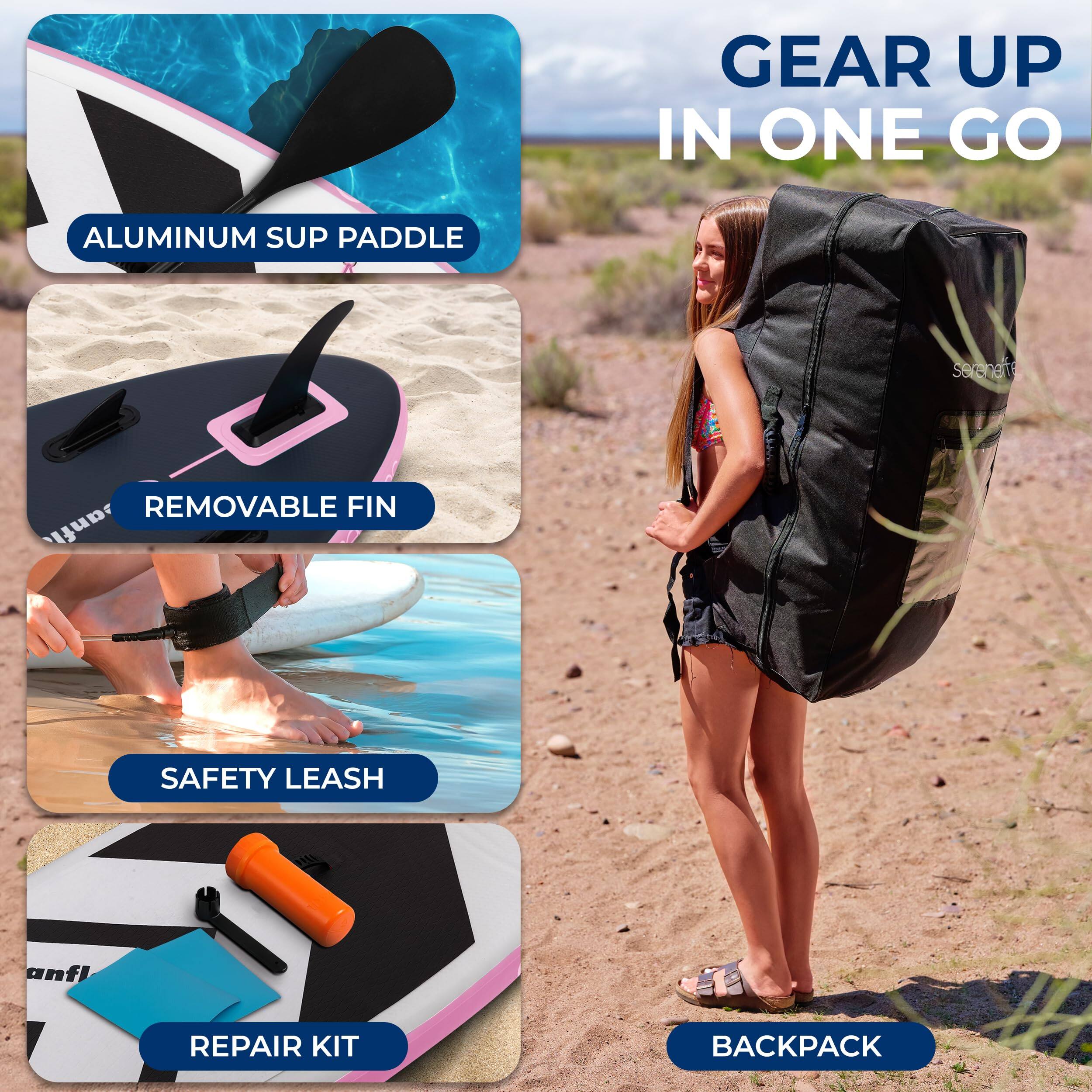 GEAR UP IN ONE GO

- ALUMINUM SUP PADDLE
- REMOVABLE FIN
- SAFETY LEASH
- REPAIR KIT
- BACKPACK