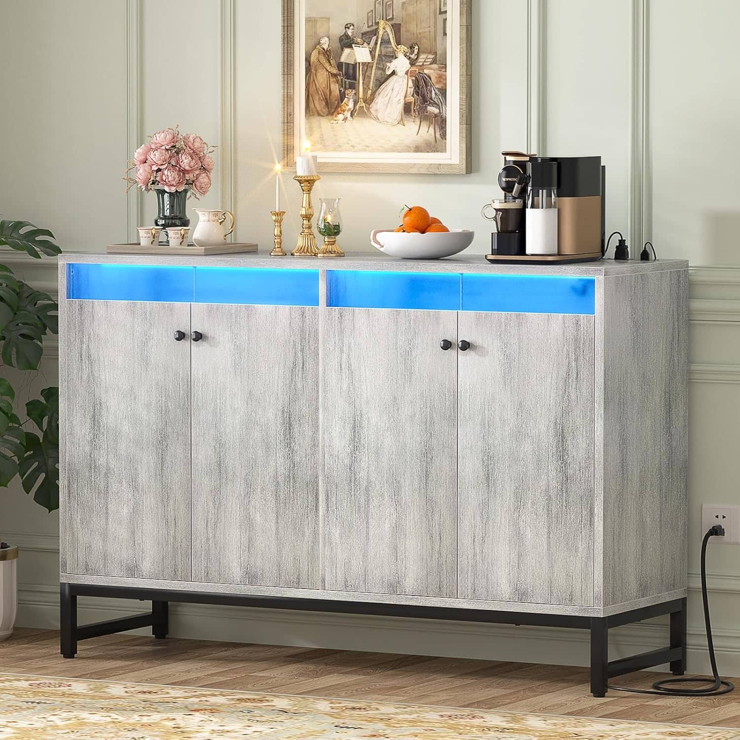 Aheaplus - Sideboard Buffet Cabinet with Power Outlet and LED Light, 4 Doors Storage Cabinet for Dining/Kitchen - Gray Oak