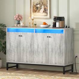 Aheaplus - Sideboard Buffet Cabinet with Power Outlet and LED Light, 4 Doors Storage Cabinet for Dining/Kitchen - Gray Oak